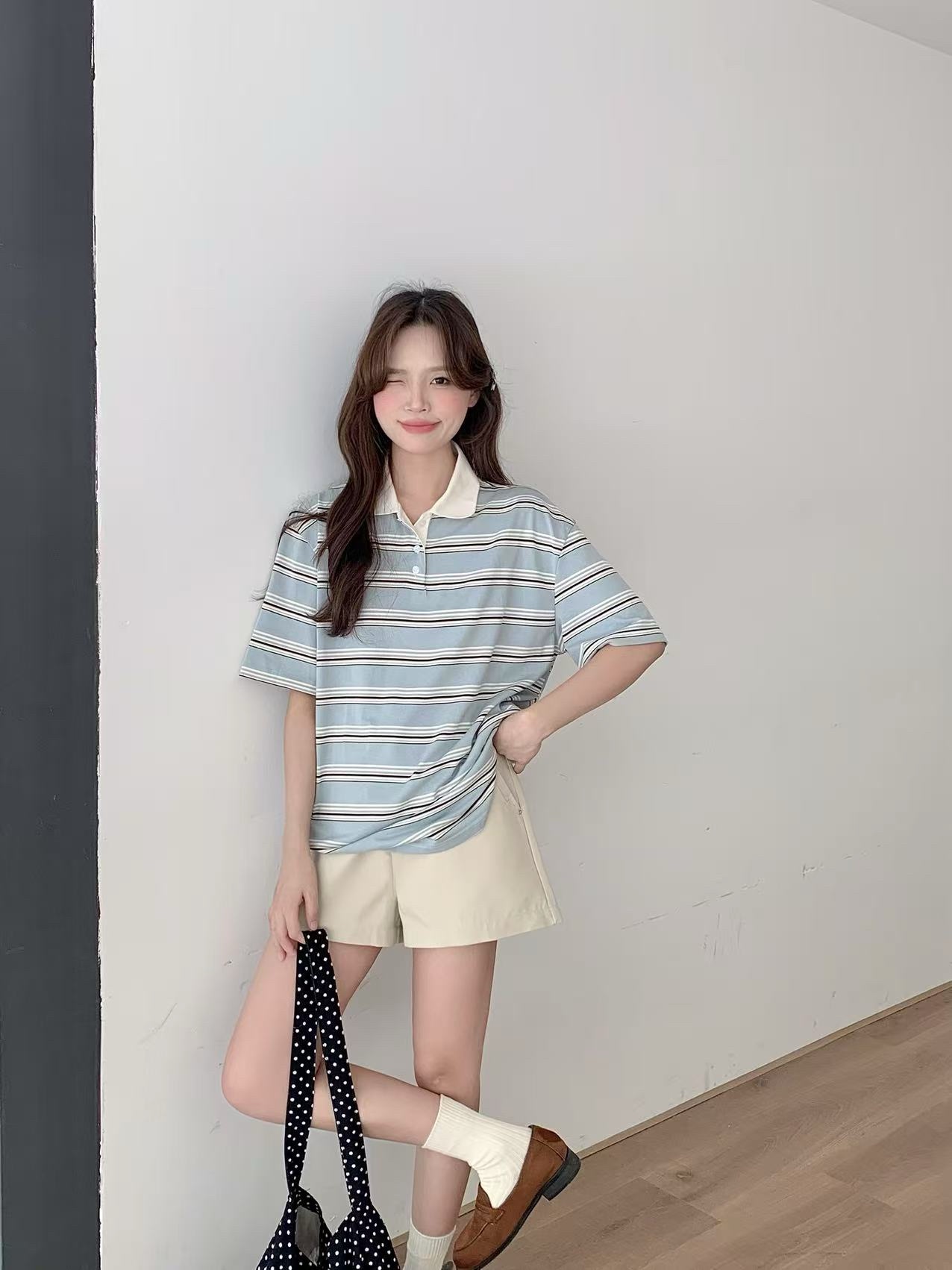 Korean Oversized Colorblock Polo Top - Image 2