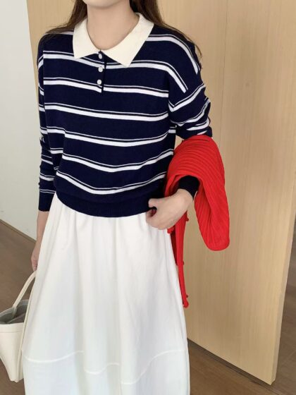 Retro Striped Knit Polo Long Sleeve Top (3 colours)