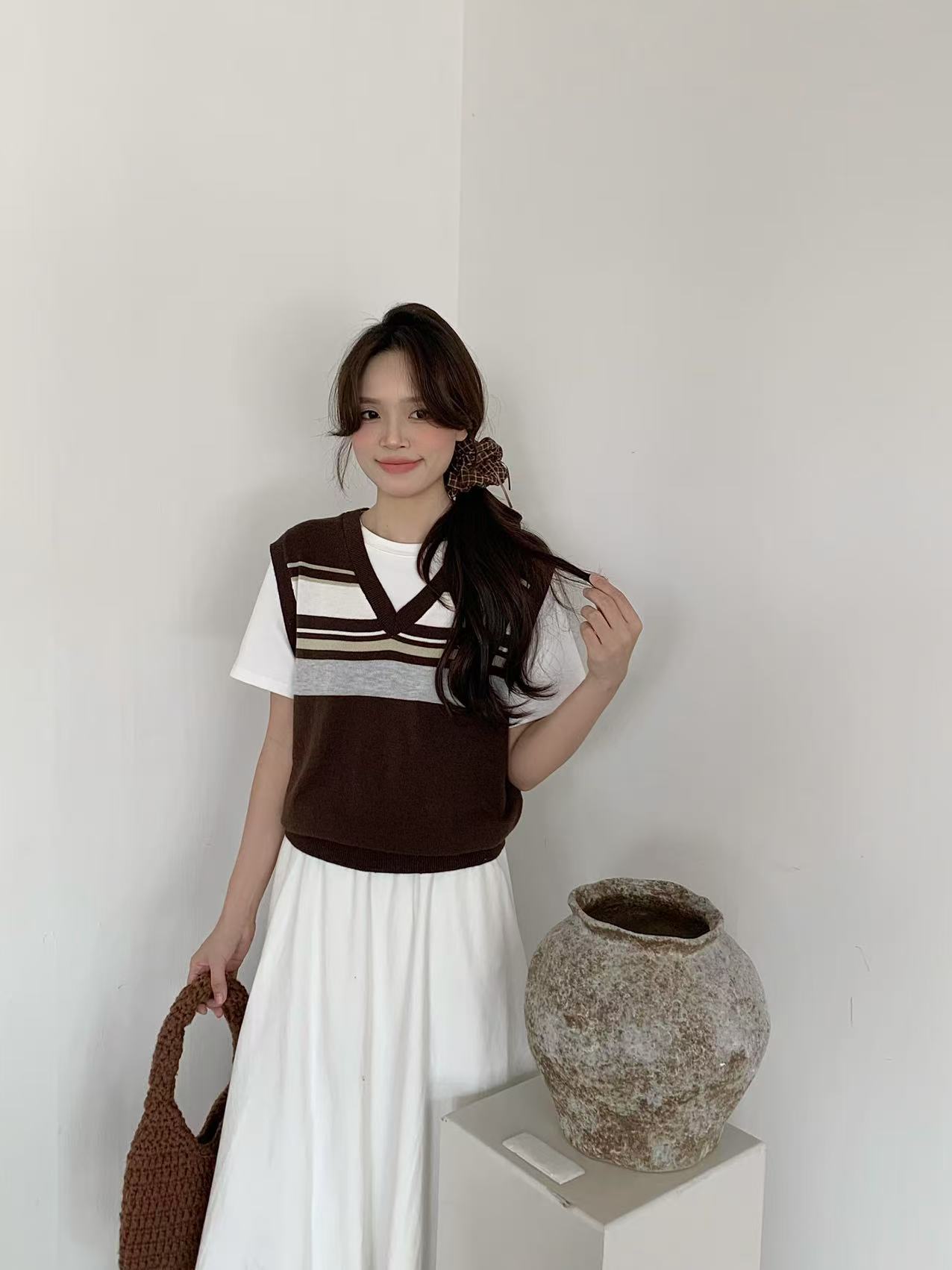 Retro Preppy Brown Layered Top with Vest - Image 2