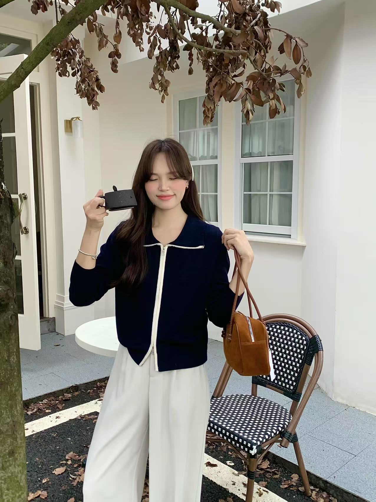 Contrast Zip Polo Long Sleeve Top (Sky Blue) - Image 5