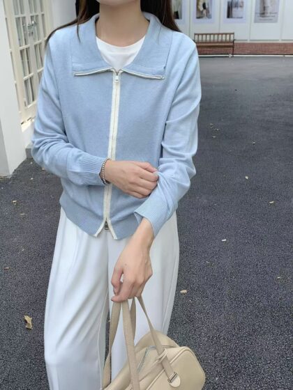 Contrast Zip Polo Long Sleeve Top (Sky Blue)