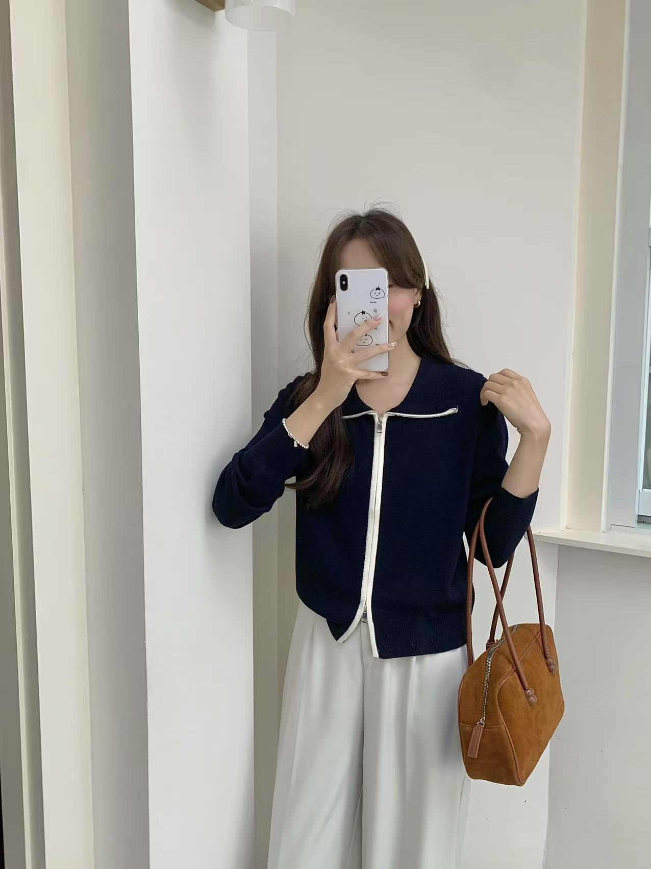 Contrast Zip Polo Long Sleeve Top (Sky Blue) - Image 2