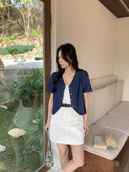 Twofold Denim & Silk Top (Denim Dark Blue Cream)