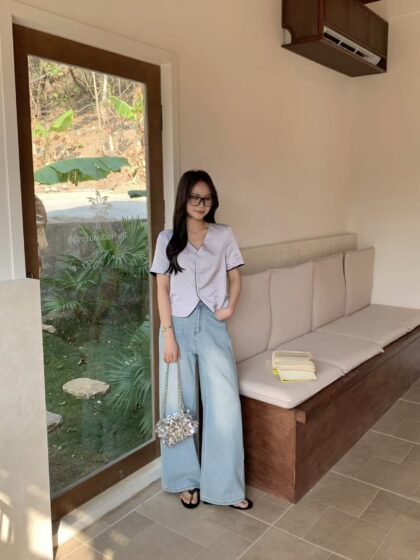 Twofold Denim & Silk Top (Black Purple)