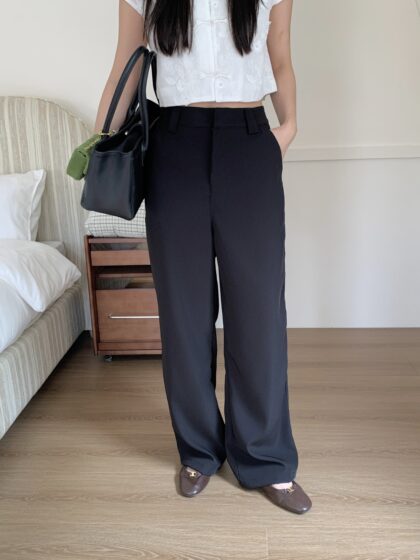 Basic Wrinkle-Resistant HW Straight-Leg Black Trousers
