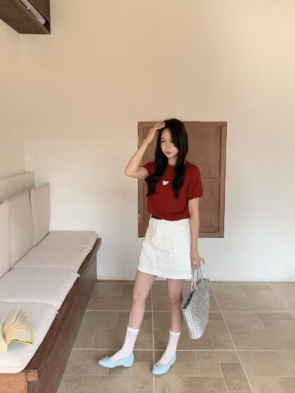 Belted Ivory Denim Skirt in White