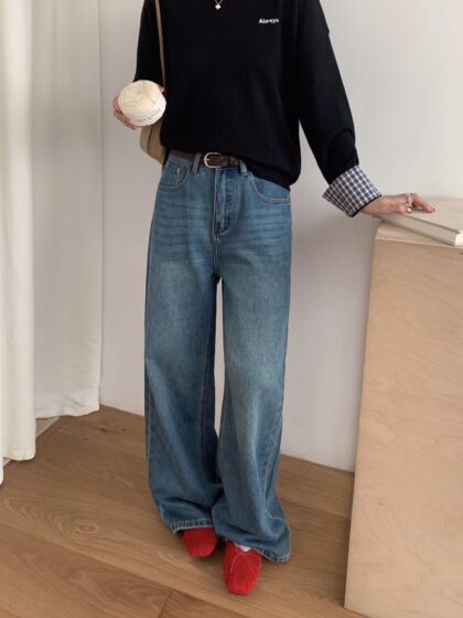 Woven Belt Wide-Leg Denim Pants (Denim)