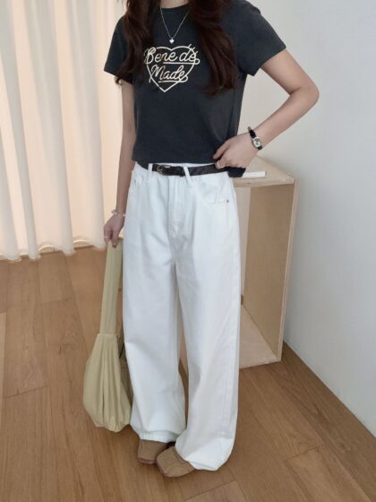 Woven Belt Wide-Leg Denim Pants (White)